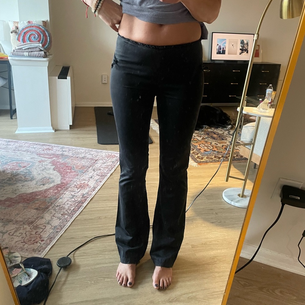 Miu Miu vintage 90s black pants with velvet detail and back leg ruching and zip